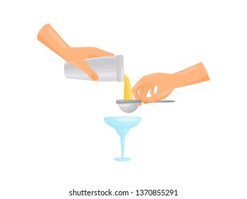 Silhouette hands bartender pours a glass boiler. Vector illustration.