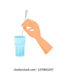 Silhouette hands bartender stirs the spoon in a glass. Vector illustration.