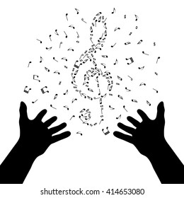 Silhouette of hands creating note clef. Music poster. Magic of music. Conductor