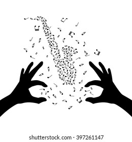 Silhouette of hands are creating the saxophone by note clef. Music poster. Magic of music. Live nusic. Mastermind-conductor