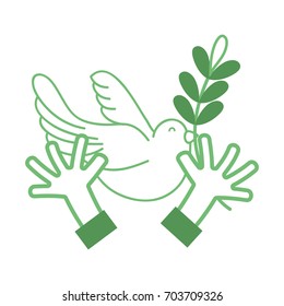 silhouette hands with dove animal and branch with leaves