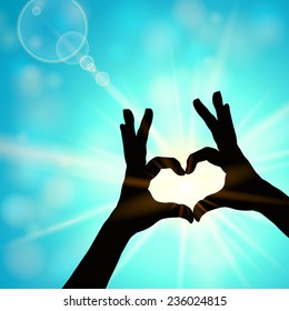 Silhouette of  hands in form of heart shape in the sky with sun rays. Vector illustration 