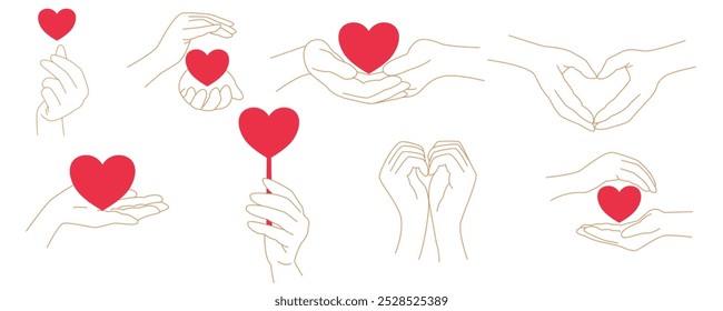 Silhueta de mãos com coração ajustado. Simples esboço ícones de mãos em gestos diferentes demonstram amor, simpatia, declaração de amor. Símbolo romântico com mãos humanas, gráficos vetoriais
