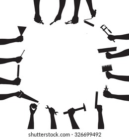 silhouette hands holding construction tools in the circle