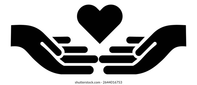 Silhueta de mãos segurando o vetor ícone do coração. Mão segurando coração, amor, compaixão, doação, apoio, cuidado, ajuda, caridade, bondade, altruísmo. Mãos de saúde segurando ícone do coração. Ilustração vetorial.