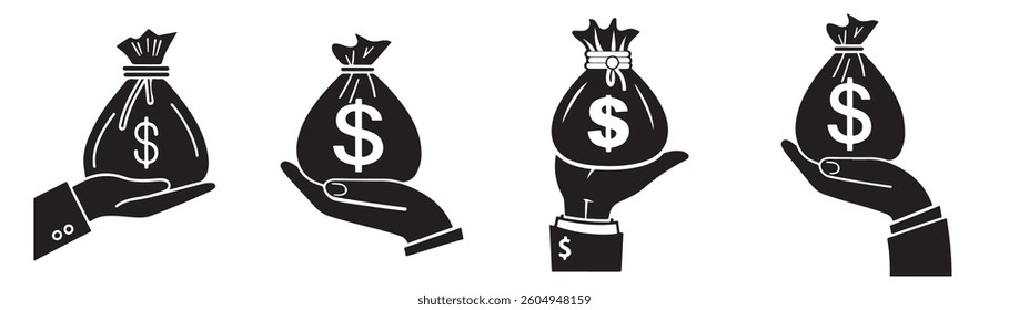 Silhouette of Hands Holding Money Bags: A Vector Illustration of Financial Success Black and White