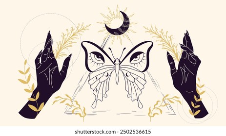 silhouette of hands holding sun, moon, branch. butterfly with eyes shape on wings in center. esoteric poster