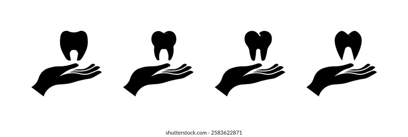 Silhouette hands holding teeth icons: dental care symbols in black and white. Vector icon