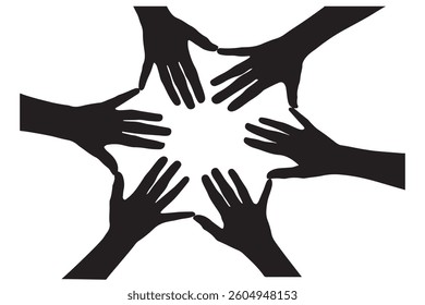 Silhouette Hands Joined in a Circle, Symbolizing Unity and Collaboration Black and White.