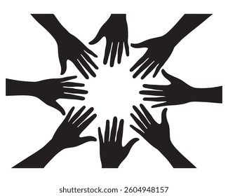 Silhouette Hands Joined in a Circle, Symbolizing Unity and Collaboration Black and White.
