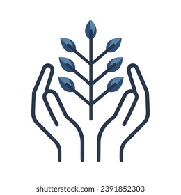 Silueta de manos e icono de hoja. Un emblema minimalista de manos alrededor de una hoja que brota. Concepto de cuidado ambiental y crecimiento.