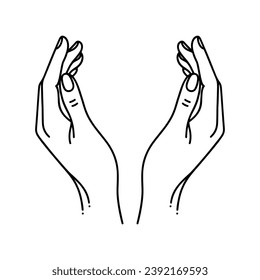 Silhouette of hands and leaf icon. A minimalist emblem of hands around a sprouting leaf. Concept of environmental care and growth.