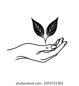 Silhouette of hands and leaf icon. A minimalist emblem of hands around a sprouting leaf. Concept of environmental care and growth.