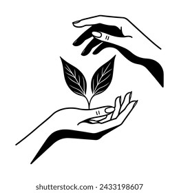 Silhouette of hands and leaf icon. A minimalist emblem of hands around a sprouting leaf. Concept of environmental care and growth.