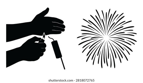 Silhouette of hands lighting a firework fuse with a lighter next to a firework burst icon