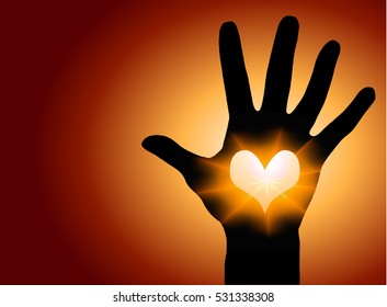 silhouette of hands on background of sunset