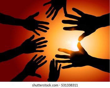 silhouette of hands on background of sunset
