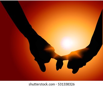 silhouette of hands on background of sunset