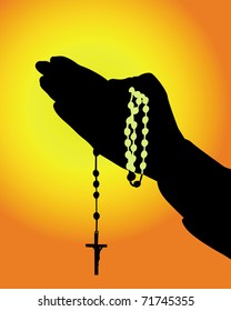 silhouette of hands with a rosary on an orange background