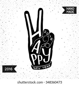 Silhouette of hands in the shape of V (victory), with the words - Happy New Year.
 Conceptual symbol for holiday greetings. Handmade vector design