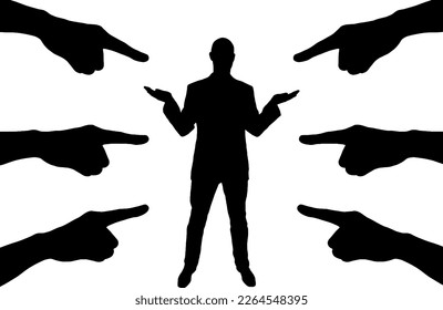 Silhouette of the hands shows fingers on a puzzled man. Concept of accusation, bullying. Vector Silhouette