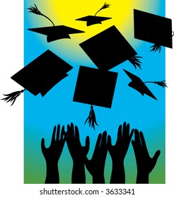 Silhouette of hands throwing graduation caps in the air
