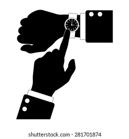Silhouette of hands with watch. Smart watch on right hand icon, arms pointing on time. Time is money. Vector illustration black and white