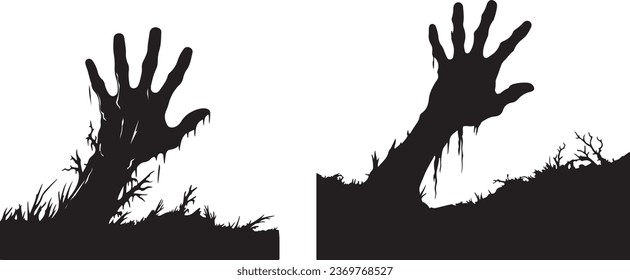 Silhouette of Hands of the Zombie. Creepy Crooked Lambs of Zombie Sticking Out from the Ground of Graveyard, Vector Illustration Set. Hands of Zombie on Halloween