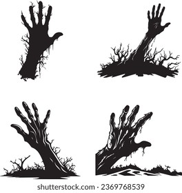 Silhouette of the Hands of a Zombie. Creepy and Crooked Lambs of a Zombie Emerging from the Ground of a Graveyard, Vector Illustration Set. Halloween Zombie Hands