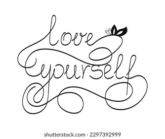 Silhouette of handwritten words "love yourself". Vector illustration on white background.	