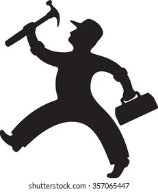 Silhouette of Handy Repair Man Holding Hammer and Toolbox