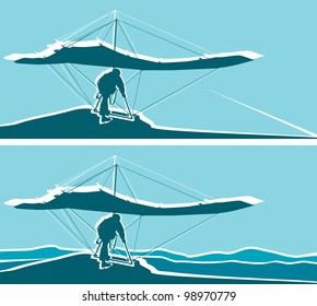 Silhouette of hang glider waiting to take off. Mountains  and blue sky on background. Separate layers