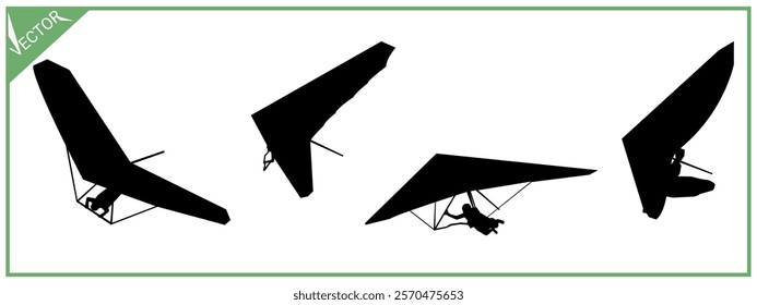 Silhouette hang gliding. Set, Different poses.