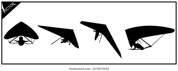 Silhouette hang gliding. Set, Different poses.