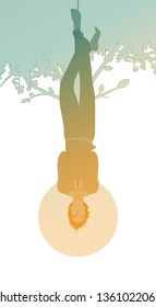 Silhouette of hanged man from a tree, face down, subject of the right foot, with praying hands, isolated on white background