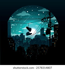 Silhouette of hanging sneakers on power lines against a dreamy urban nightscape, symbolizing street culture, nostalgia, urban storytelling. A powerful representation of city life and hidden meanings