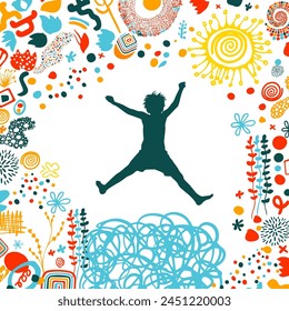 Silueta de un niño feliz saltando. Abstracción infancia feliz. dibujo a mano. AI no, Ilustración vectorial.