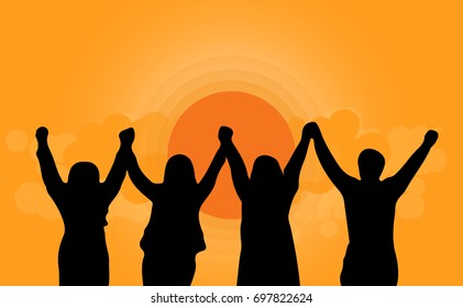 Silhouette of happy business team making high hands in sunset background for business teamwork vector concept