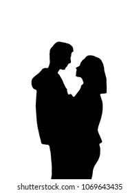 Silhouette a happy couple holding each other, hug, look. St. Valentine's Day, anniversary, wedding. Romantic vector greeting card - black and white isolated figure, stamp, stencil, print