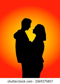 Silhouette a happy couple hug look holding each other. St. Valentine's Day anniversary wedding. Romantic sunset sunny vector greeting card - black and white isolated figure stamp, stencil, print
