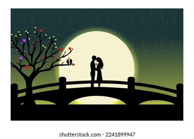 silhouette of a happy couple standing on the bridge. cuddling under the moonlight love tree .backlight and moonlight.vector.