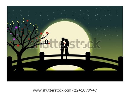 silhouette of a happy couple standing on the bridge. cuddling under the moonlight love tree .backlight and moonlight.vector.