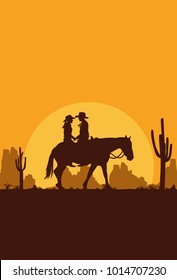 Silhouette of Happy Cowboy Couple riding horse, Vector