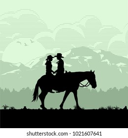 Silhouette of Happy Cowboy Couple riding horse, Vector