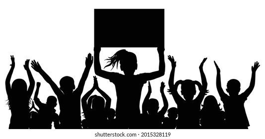 Silhouette of happy crowd of children and banner. Cheerful first graders. Vector illustration.