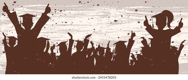 Silhouette of happy crowd of graduate children in square academic caps. Background with paintbrush stroke and blots. Graduation event. Vector  illustration.
