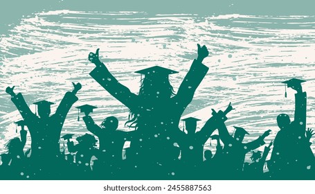 Silueta de una multitud feliz de estudiantes graduados en gorras académicas cuadradas. Fondo con pincel y manchas. Evento de graduación. Ilustración vectorial.