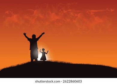 Silhouette of a Happy Family enjoying their vacation in summer, tropical sunset at the beach, Father's Day concept, vector illustration design background