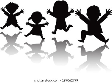 Silhouette of happy family of four jumping with hands in the air 