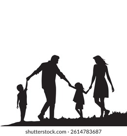 Silhouette of a happy family of four, parents and two children, holding hands and walking together. Ideal for projects related to family, love, parenthood, togetherness, and childhood. 